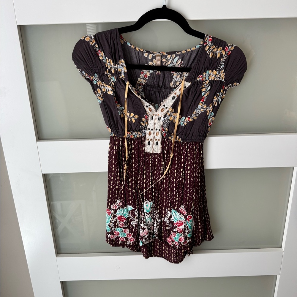 Free People Floral Embroidered Blouse - Brown and Teal